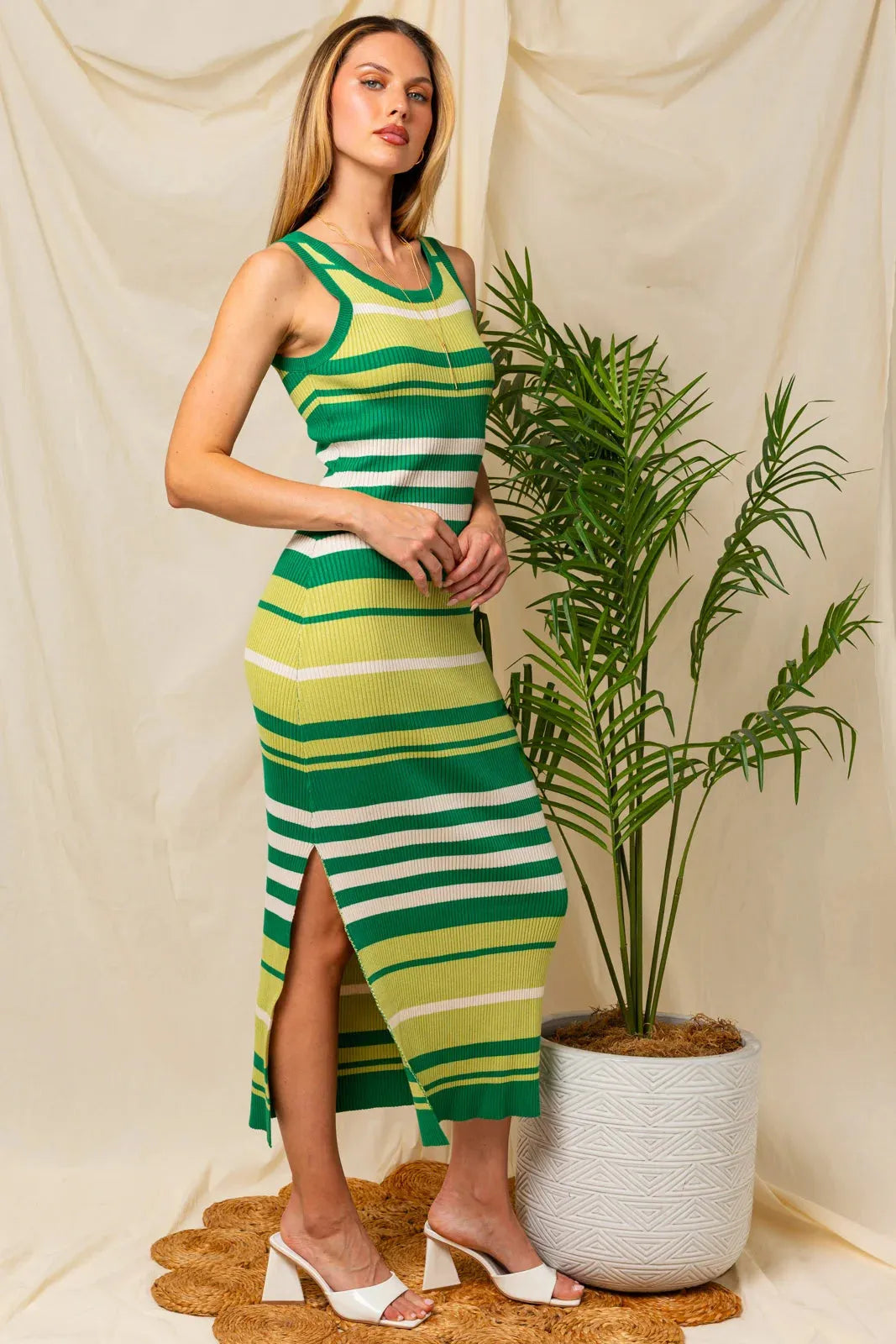 Sleeveless round Neck Stripe Side Slit Knit Midi Dress