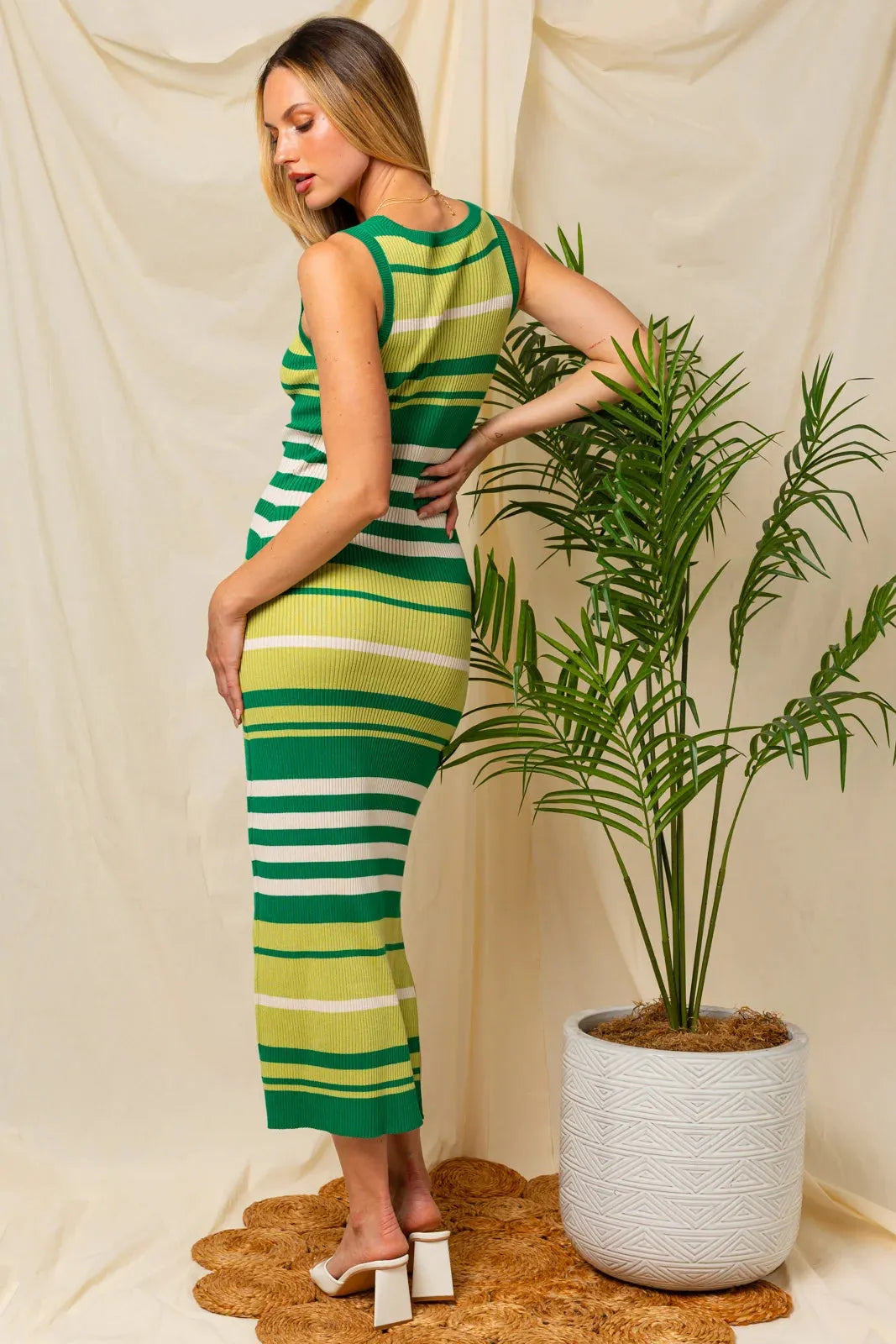 Sleeveless round Neck Stripe Side Slit Knit Midi Dress